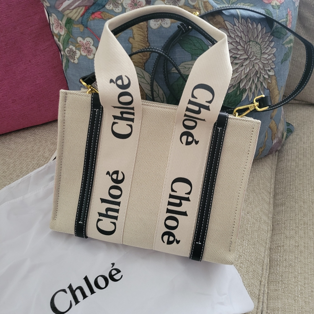 Chloé Beige Canvas Tote with Black Trim and Logo Straps